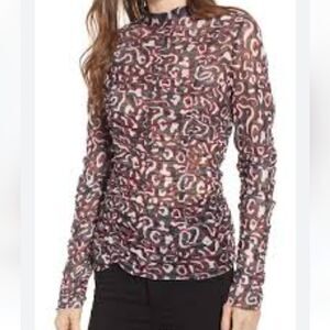 Rebecca Minkoff NWT Women's XS Top Sheer Ruched Black White Red Print Blouse
